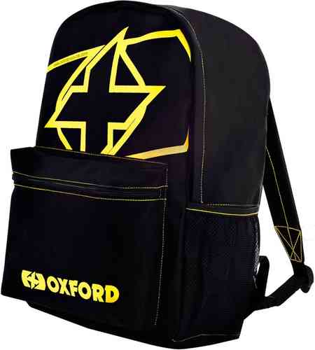 Fluorescent yellow and black Oxford X-RIDER Essential Backpack featuring a bold logo, front pocket, and mesh side pockets for added storage.