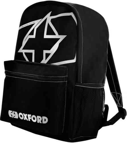 Black Oxford X-RIDER Essential Backpack featuring a silver star logo, front pocket, mesh side pockets, and padded shoulder straps for comfort.