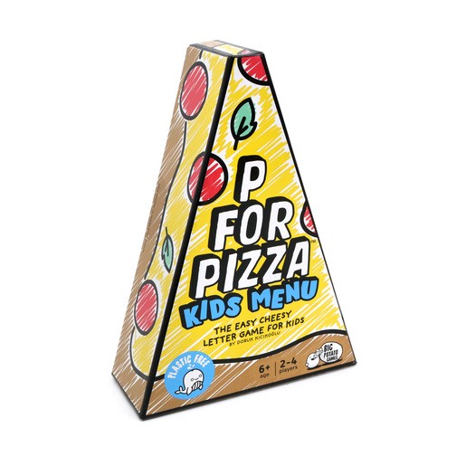 Colorful triangular box featuring the title "P for Pizza Kids Menu" with playful graphics of pizza slices and a cheerful design, made of cardboard for kids aged 6 and up.
