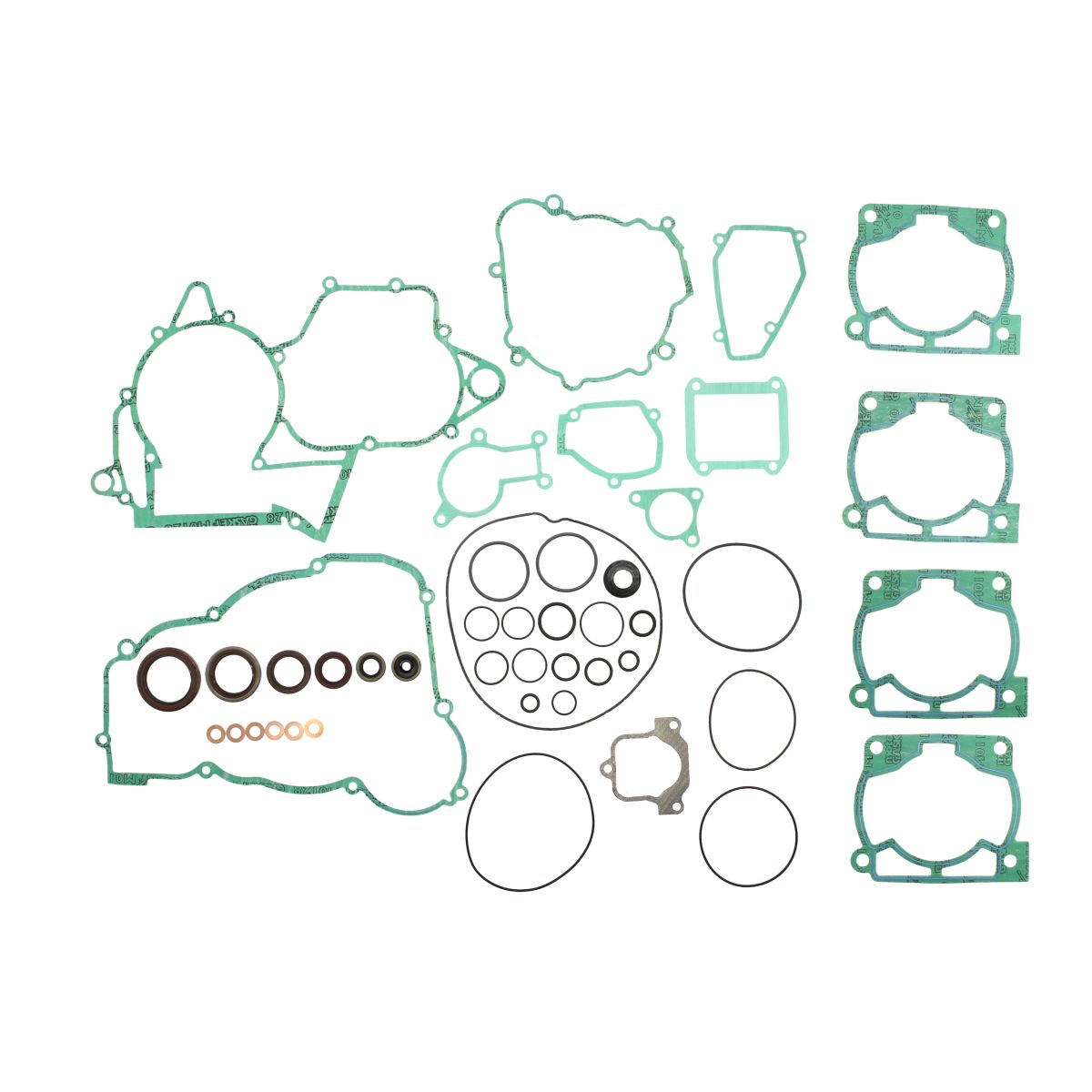 Complete engine gasket set featuring various green rubber gaskets and oil seals, arranged in an organized layout, designed for durability and precision in engine assembly.