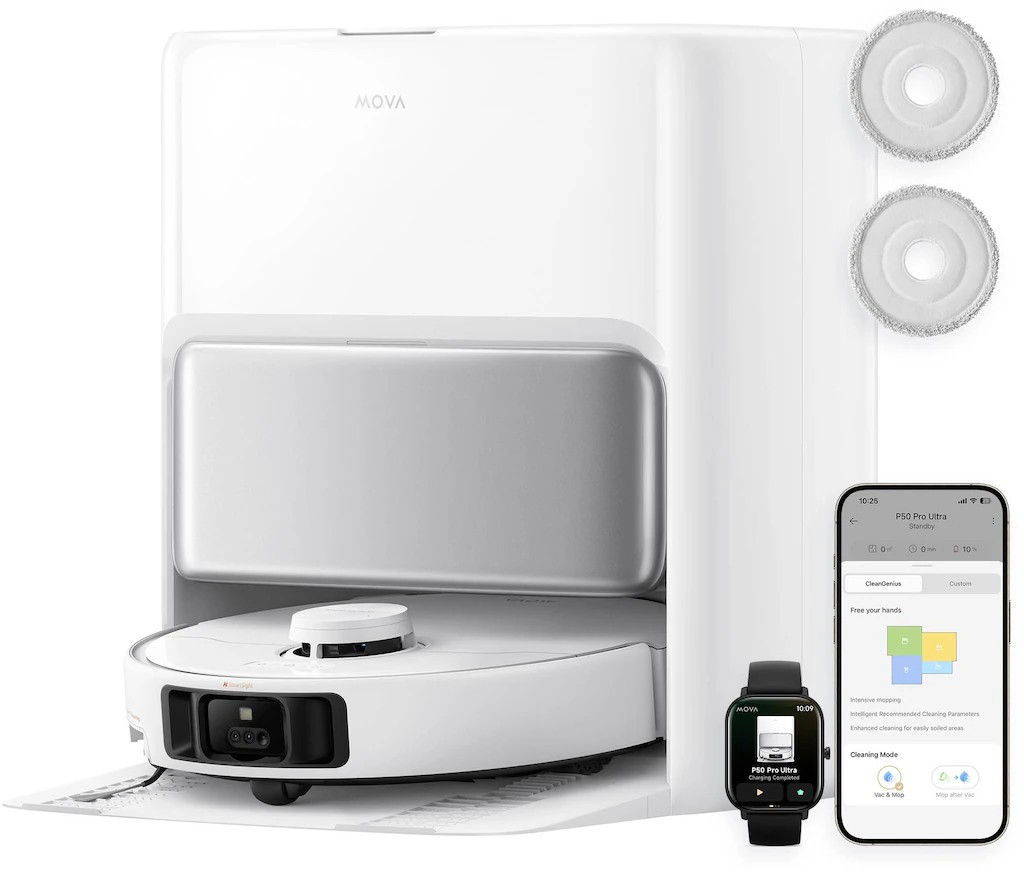 White P50 Pro Ultra Robot Vacuum Cleaner by Mova, featuring a sleek design, a front camera, and an app interface displayed on a smartphone and smartwatch, with two cleaning pads visible.