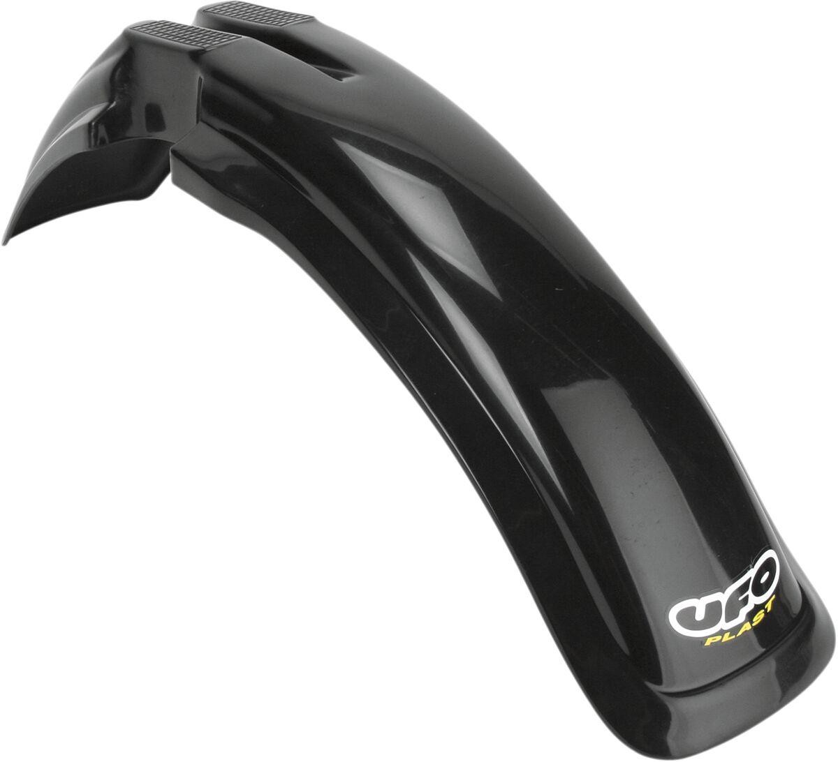 Black plastic UFO Universal Front Fender designed for 125, 250, and 500cc models, featuring a sleek curve and textured grip areas on top.