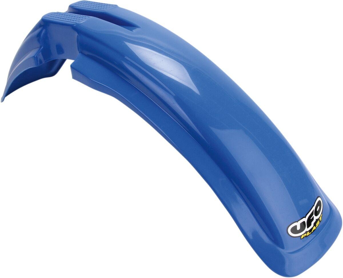 Blue plastic front fender designed for 125, 250, and 500cc models, featuring a sleek aerodynamic shape and textured grip areas, branded with the UFO logo.
