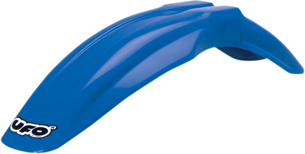 Blue plastic supermoto front fender with a sleek design and two raised ridges, featuring the UFO logo in white on the lower edge.