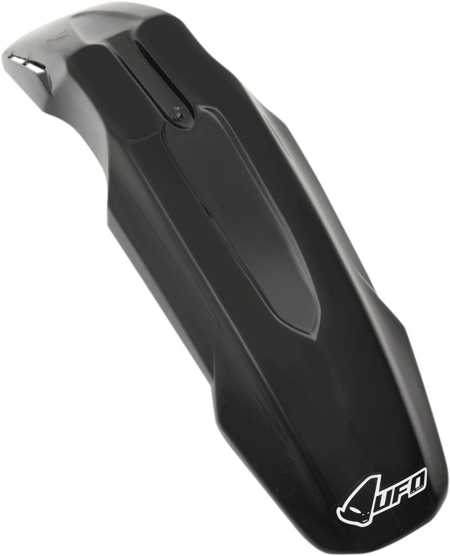 Black vented front fender made of durable plastic, featuring a sleek design with a central groove and the UFO logo on the side, ideal for supermoto bikes.