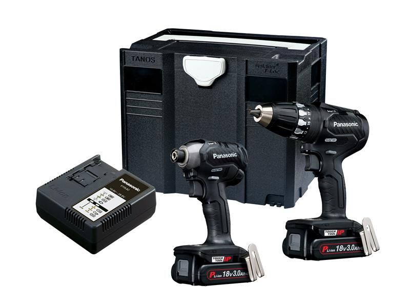 Black Panasonic EYC241PN2G3 twin pack featuring two 18V power tools, each with a 3.0Ah Li-ion battery, and a sturdy carrying case for storage and transport.