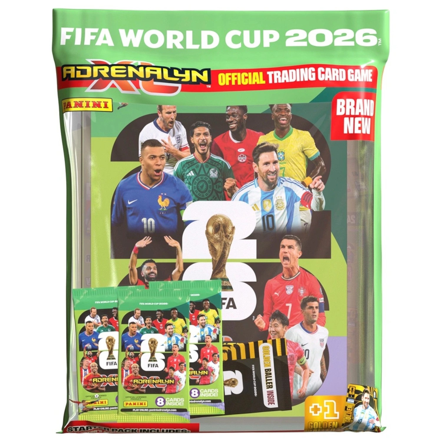 FIFA World Cup 2026 Adrenalyn XL Starter Pack featuring vibrant packaging with player images, a trophy, and various trading cards, all in a colorful, resealable plastic bag.