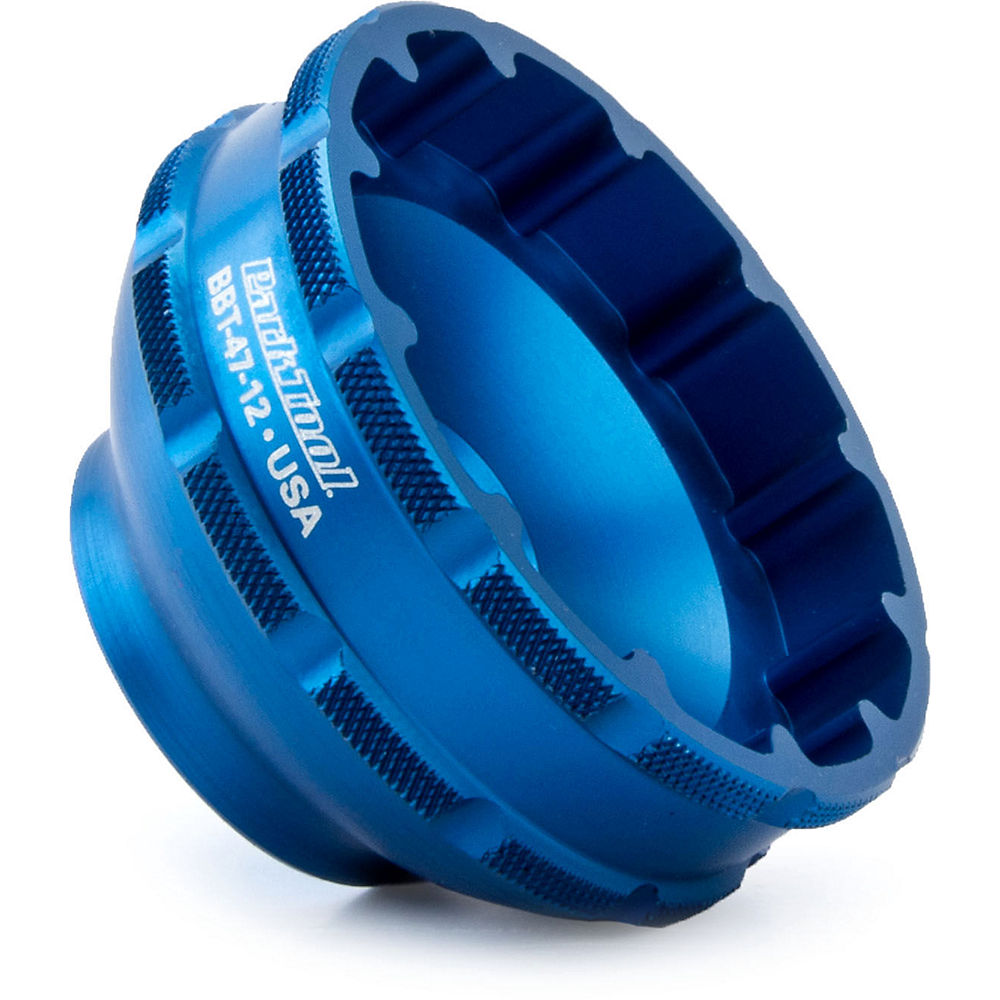 Blue aluminum bottom bracket tool with a ridged grip and twelve notches, labeled "BBT-47-12" and "Park Tool" for easy identification and use.
