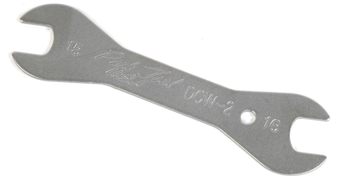 Silver Park Tool DCW2C double-ended cone wrench with 15mm and 16mm open ends, engraved logo in the center.