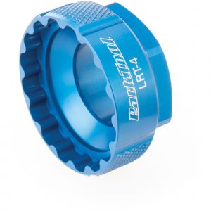 Blue aluminum lockring tool with a serrated edge and engraved "Park Tool LRT-4" logo, designed for Shimano direct mount chainrings.