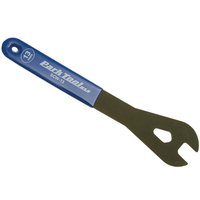 Blue-handled Park Tool SCW 17mm cone wrench with a slim, angled steel head and hole for hanging.