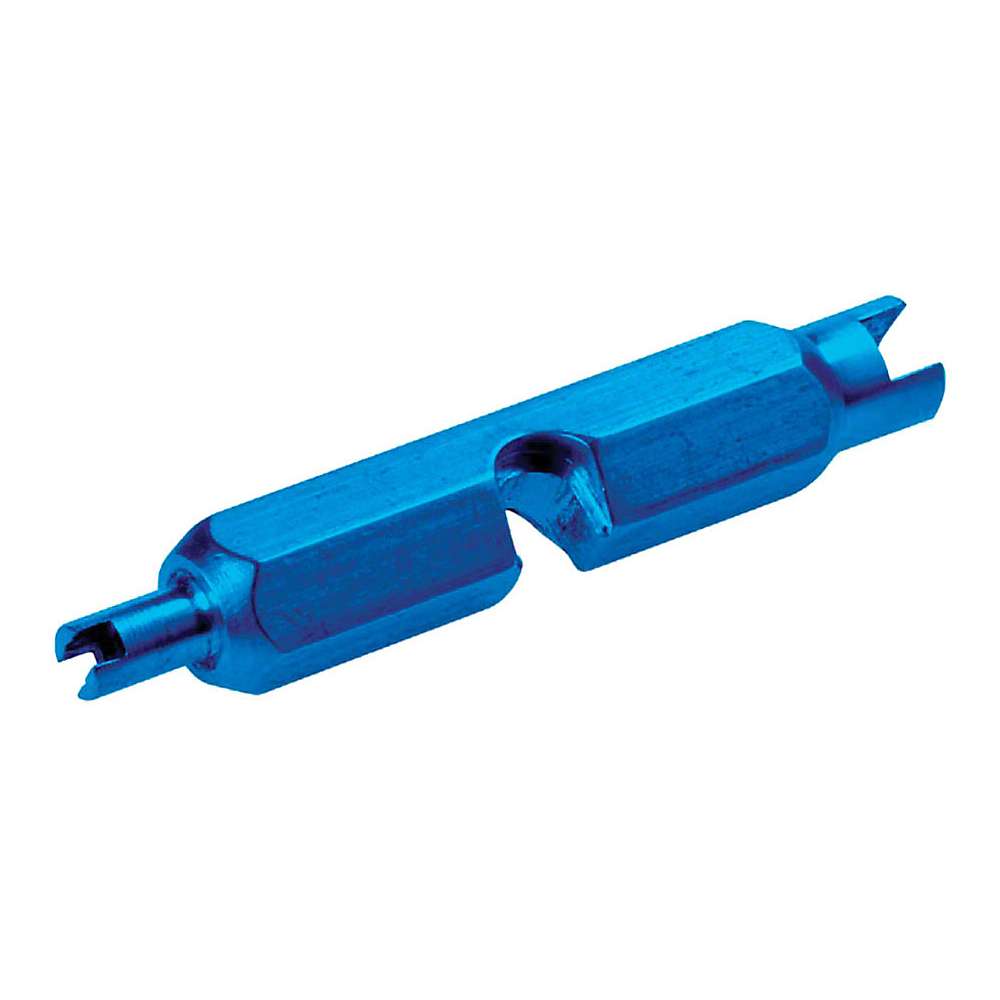 Blue aluminum valve core tool with a dual-ended design, featuring a slot for removing and installing valve cores, compact and lightweight for easy handling.