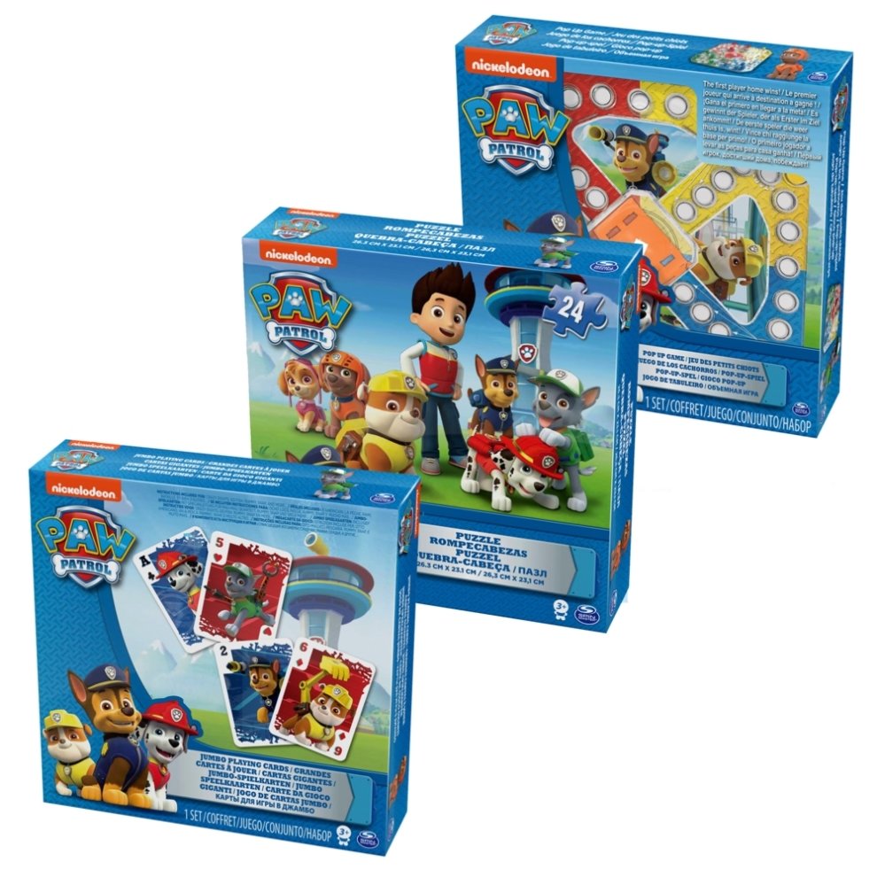 Three colorful game boxes featuring Paw Patrol characters, including puzzles and card games, with vibrant illustrations and the Paw Patrol logo prominently displayed.