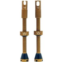 Gold Peatys Chris King MK2 tubeless valves with black rubber bases and crown logo on top.