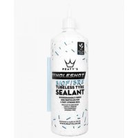 White bottle of Peaty's Holeshot BioFibre Tubeless Tyre Sealant with black text and blue accents, 1 litre size.