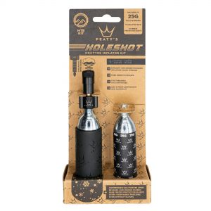 Peaty's Holeshot CO2 Tyre Inflator kit in black, featuring a sleek metal inflator and a silver CO2 cartridge, packaged in a branded cardboard box with detailed graphics.
