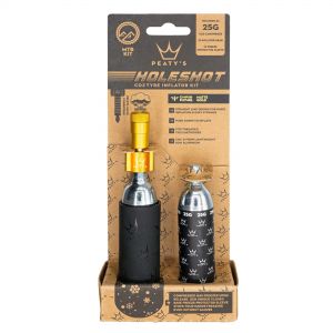 Peaty's Holeshot CO2 Tyre Inflator in gold and black, featuring a 25g CO2 cartridge, rubber grip, and a sleek design, packaged in a cardboard box with branding and instructions.