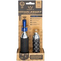 Peatys Holeshot MTB CO2 inflator with black grip sleeve, blue valve, and silver cartridge in branded cardboard packaging.