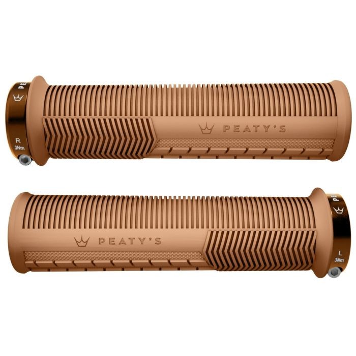 Thick gum grips in a warm tan color with textured ridges and a crown logo, featuring left and right indicators on the end caps for easy installation.