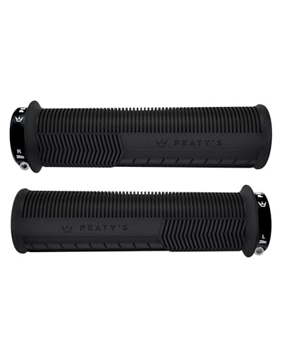 Thick black rubber grips with textured ridges and a prominent Peaty's logo, featuring contrasting end caps labeled "R" and "L" for right and left installation.