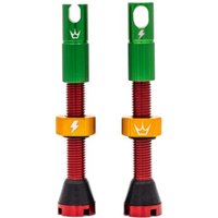 Peatys x 50to01 Tubeless MK2 Rasta Valves 42mm, green top, red stem, yellow ring, black base, crown and lightning logos.