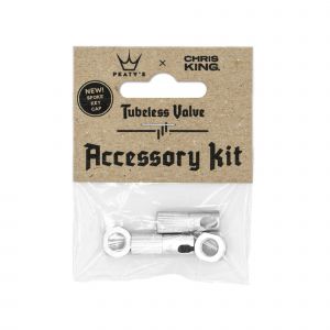 Peaty's Chris King (MK2) Tubeless Valves Accessory Kit in a clear package, featuring silver aluminum valve caps and a sport cap, with a brown cardboard backing displaying product details.