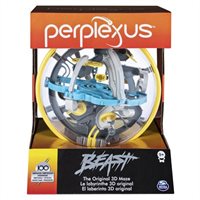 Colorful 3D maze toy in a clear sphere, featuring intricate pathways and obstacles in blue, yellow, and gray, packaged in a vibrant orange and black box with "Perplexus Beast" branding.