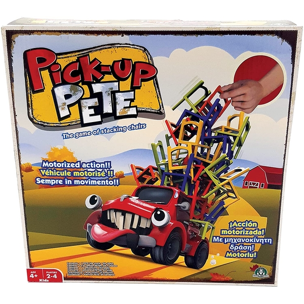 Colorful game box featuring a cartoon red truck with a smiling face, stacked with multicolored plastic chairs; includes text in multiple languages about the game.