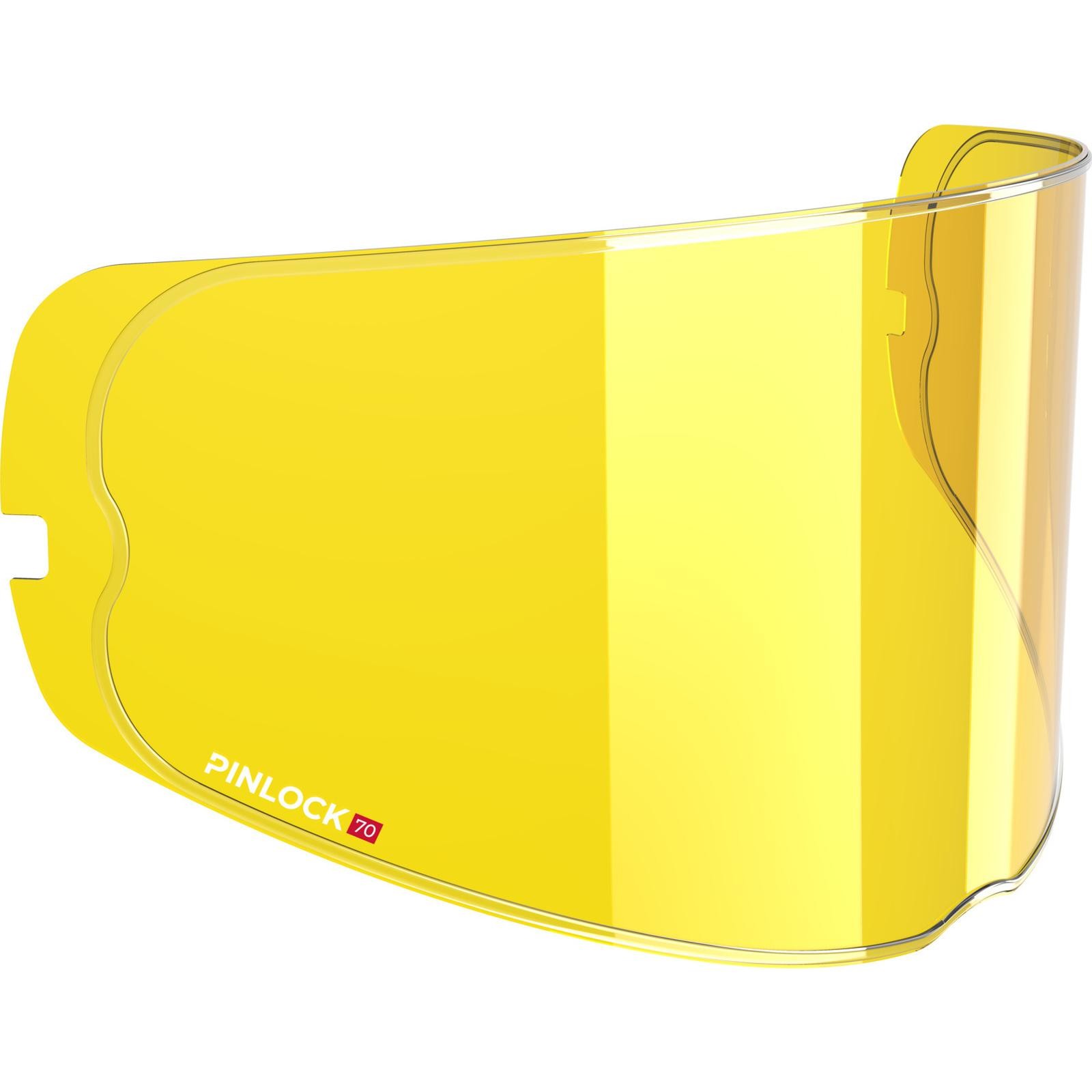 Yellow Pinlock 70 Max Vision insert designed for the Black Atom helmet, featuring a curved shape and a glossy finish for enhanced visibility and anti-fog protection.