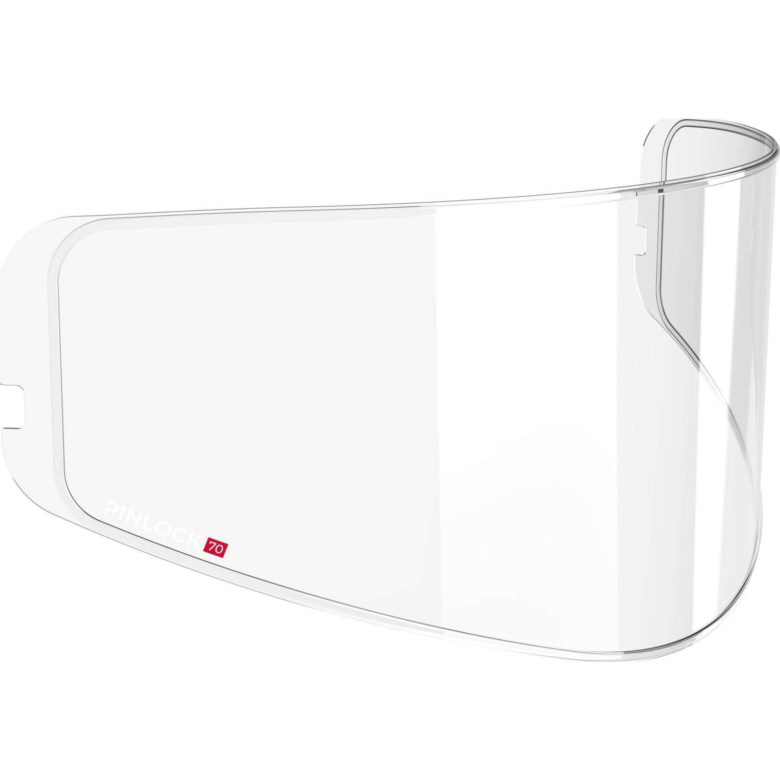 Clear Pinlock 70 Max Vision insert designed for Shox Destination helmets, featuring a curved shape and a red "PINLOCK 70" logo for enhanced visibility and anti-fog performance.