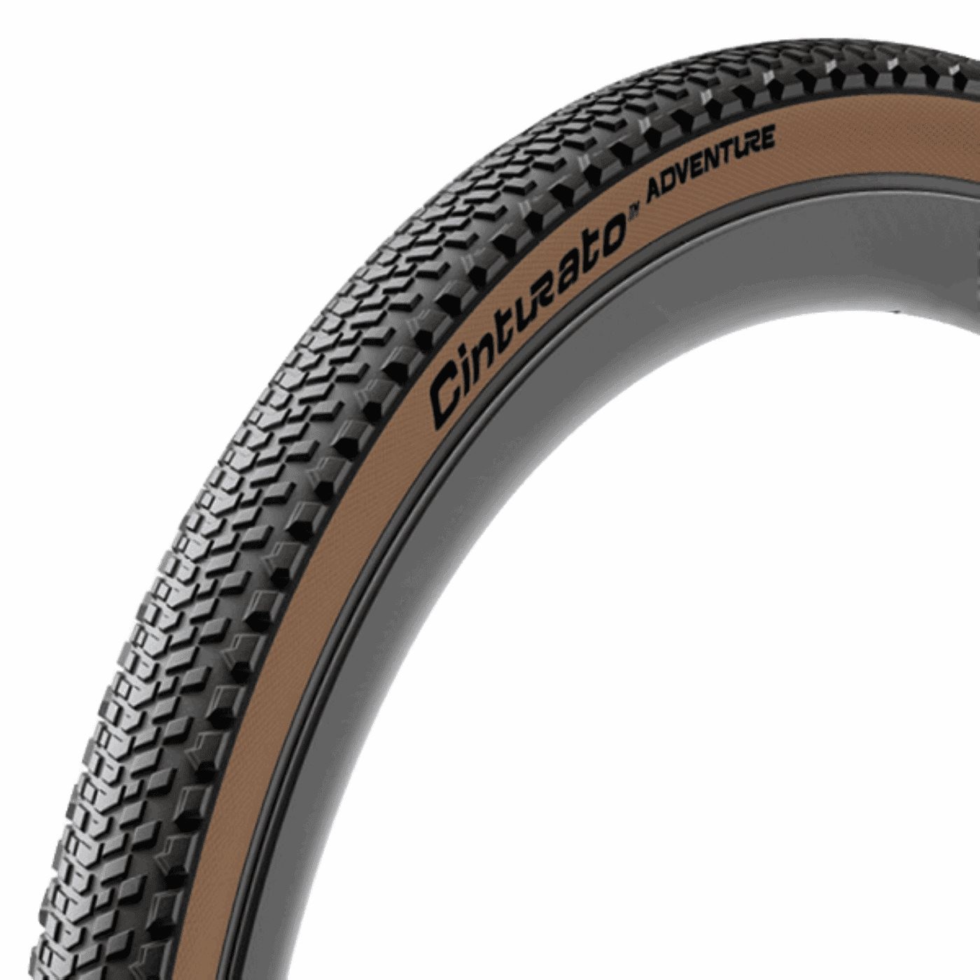 Pirelli Cinturato Adventure TLR tyre features a black rubber body with a textured tread pattern and a distinctive tan sidewall, labeled "Cinturato Adventure."