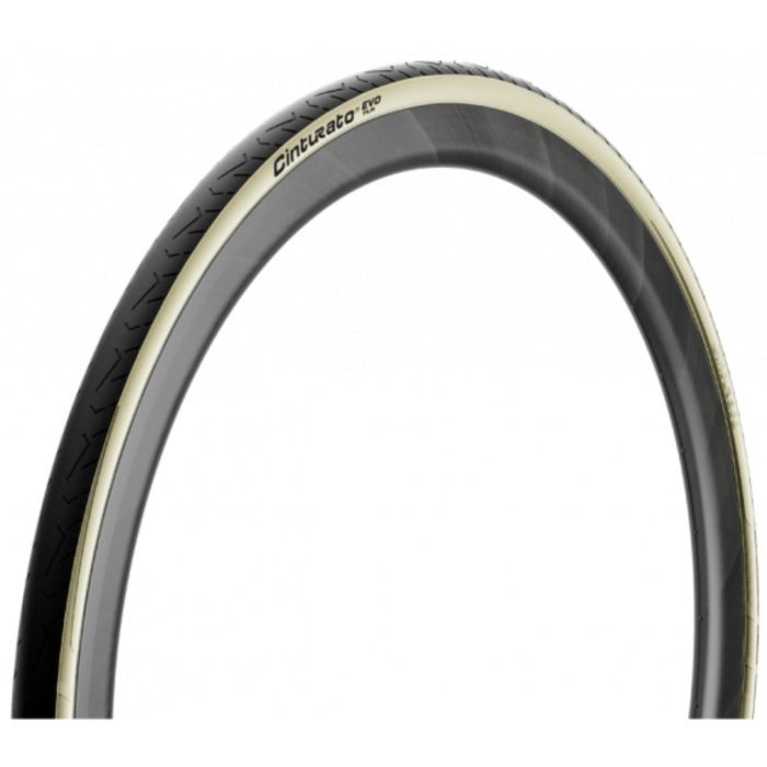 Pirelli Cinturato EVO TLR tire in 700 x 30 size, featuring a black rubber surface with a cream-colored sidewall, designed for tubeless use and retro aesthetics.