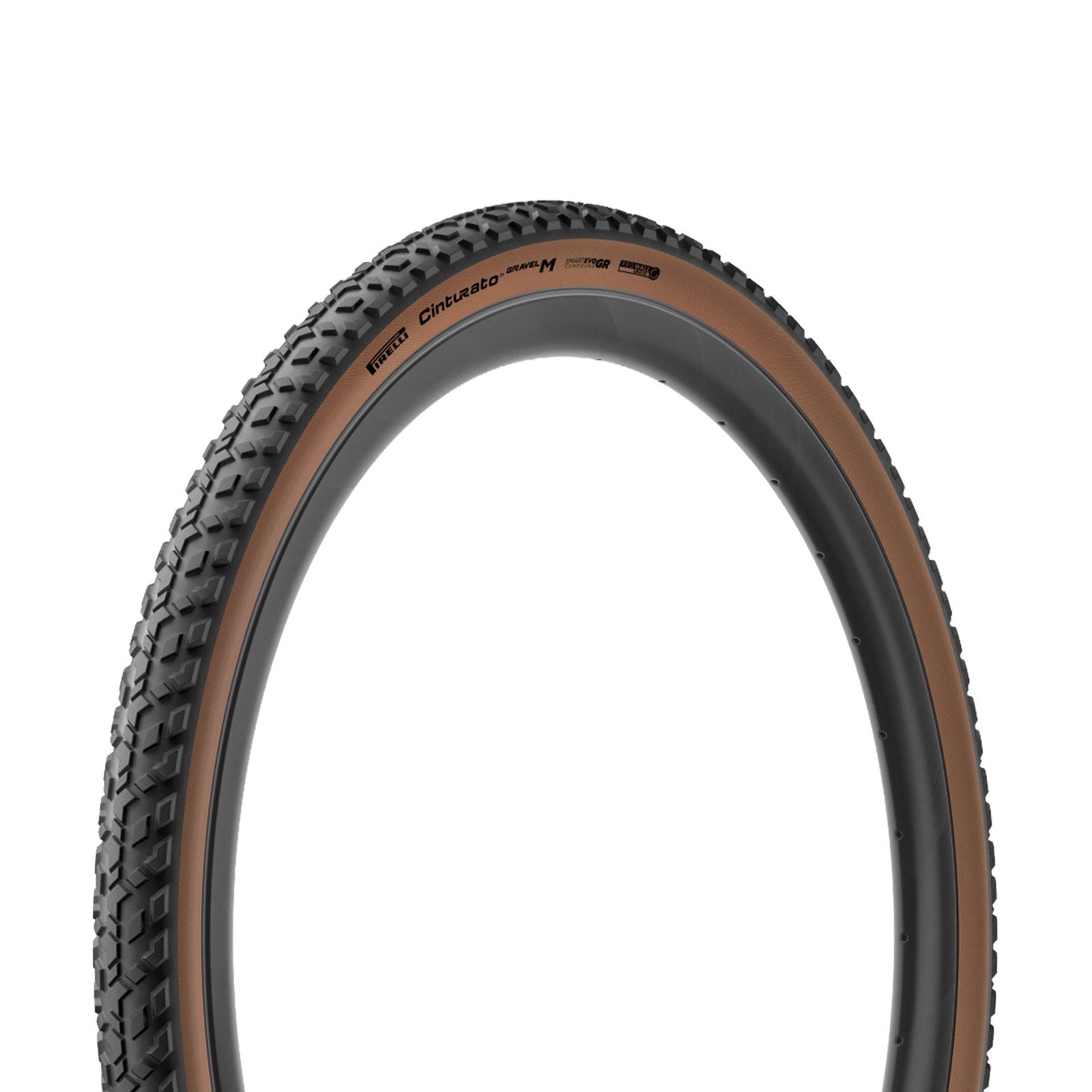 Pirelli Cinturato Gravel M high-performance tyre featuring a black rubber body with a distinctive brown sidewall and textured tread for enhanced grip on various terrains.