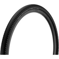 Black Pirelli Cinturato Gravel tyre with textured tread, 700c size, featuring SpeedGRIP TechWALL for enhanced durability.
