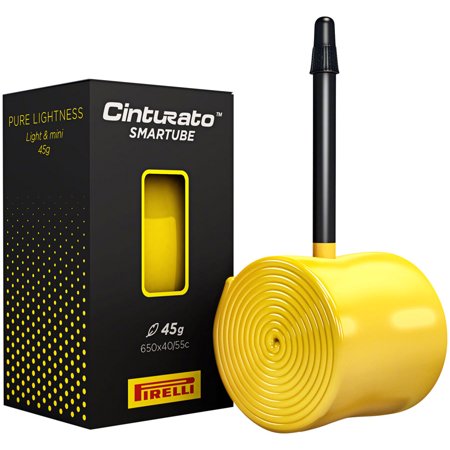 Yellow Pirelli Cinturato SmarTube tire inner tube, rolled up, next to a black box featuring a window to view the tube, with text highlighting its lightweight and compact design.