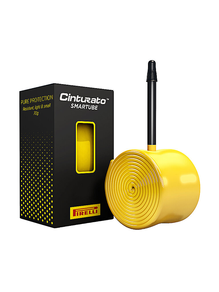 Yellow Pirelli Cinturato SmarTube Gravel, 700c x 33-45c, features a 60mm Presta valve, coiled design, and packaged in a black box with yellow accents.
