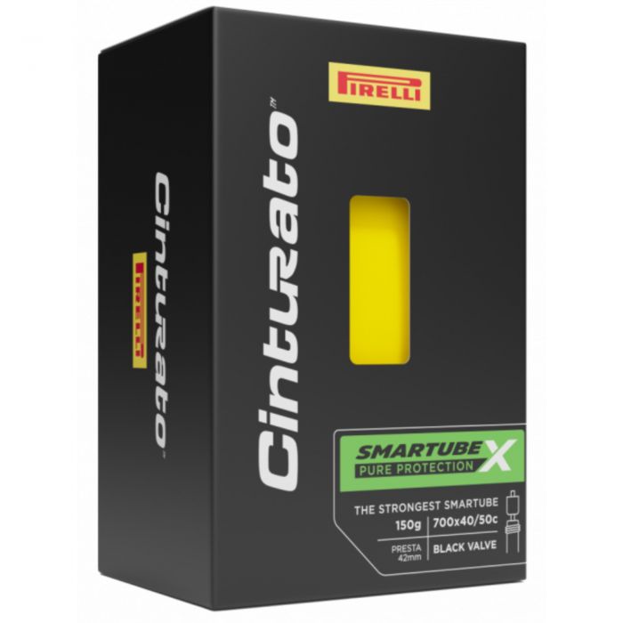 Pirelli Cinturato SmarTube X packaging, featuring a black box with a yellow window, labeled with product details, including size 700c x 28-40c and a Presta valve.