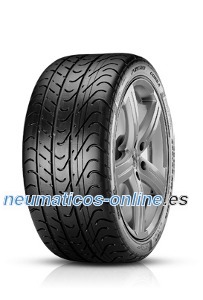 Black summer tire with a sleek tread pattern, labeled "Pirelli PZCORSALXL 325/35 R22 114Y," featuring a shiny alloy wheel in the background.