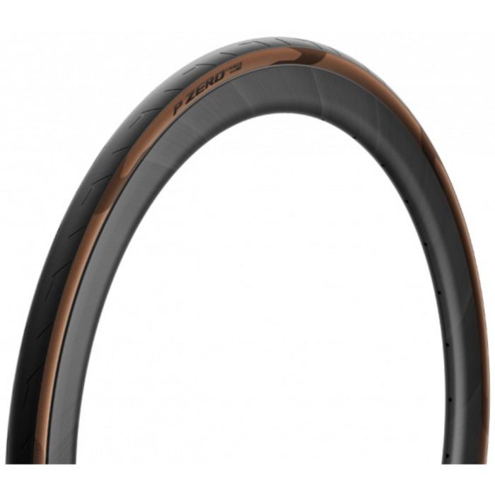 Pirelli P-Zero Race TLR RS tyre in classic black with a sleek brown sidewall, featuring a smooth tread pattern and lightweight design, sized 700 x 30.