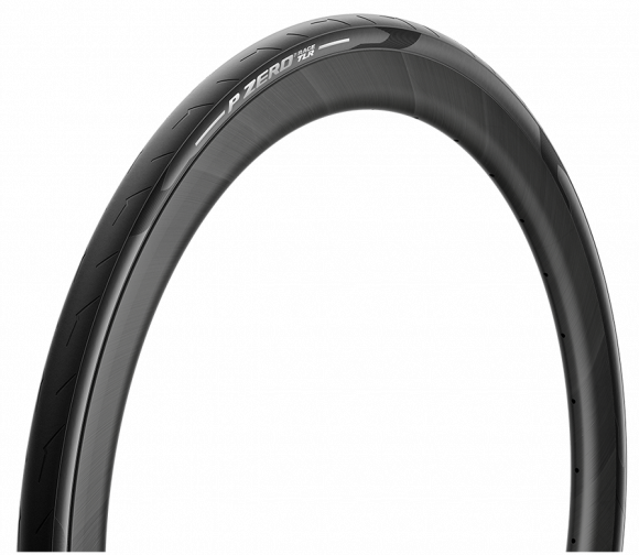Black Pirelli P Zero Race TLR tyre featuring a sleek design with a smooth surface and subtle branding, ideal for high-performance cycling.