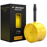 Yellow Pirelli P Zero SmarTube bike inner tube, 700c x 23-32c, with 42mm Presta valve, next to black box.
