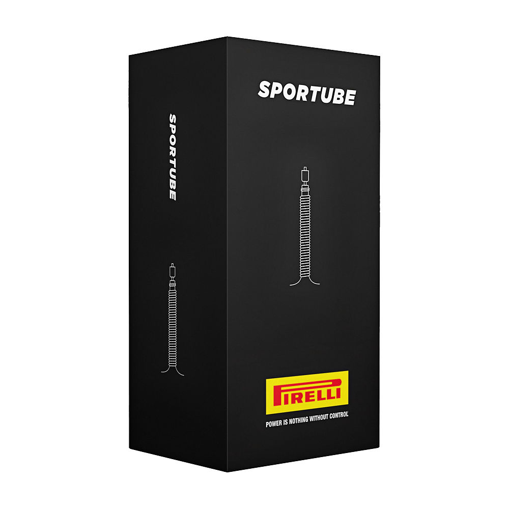 Black box packaging for Pirelli SporTube MTB, featuring bold white text "SPORTUBE" and the Pirelli logo, highlighting the size 27.5 X 2.1-2.448mm.