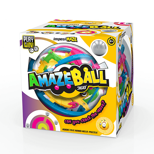 Colorful cube packaging for the "AmazeBall Game" featuring a 3D maze inside, with bright pink, yellow, and blue accents, and text highlighting its addictive puzzle nature.