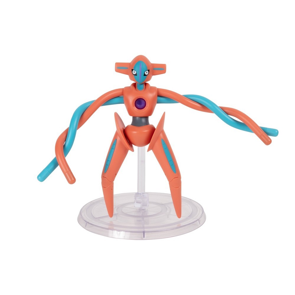 A 6-inch Deoxys figure featuring orange and turquoise colors, with flexible, elongated arms and a clear stand for stability.