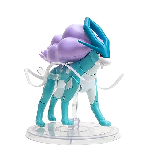 A 6-inch Suicune figure featuring a turquoise body, flowing lavender mane, and distinctive blue crest, displayed on a clear stand with white ribbons.