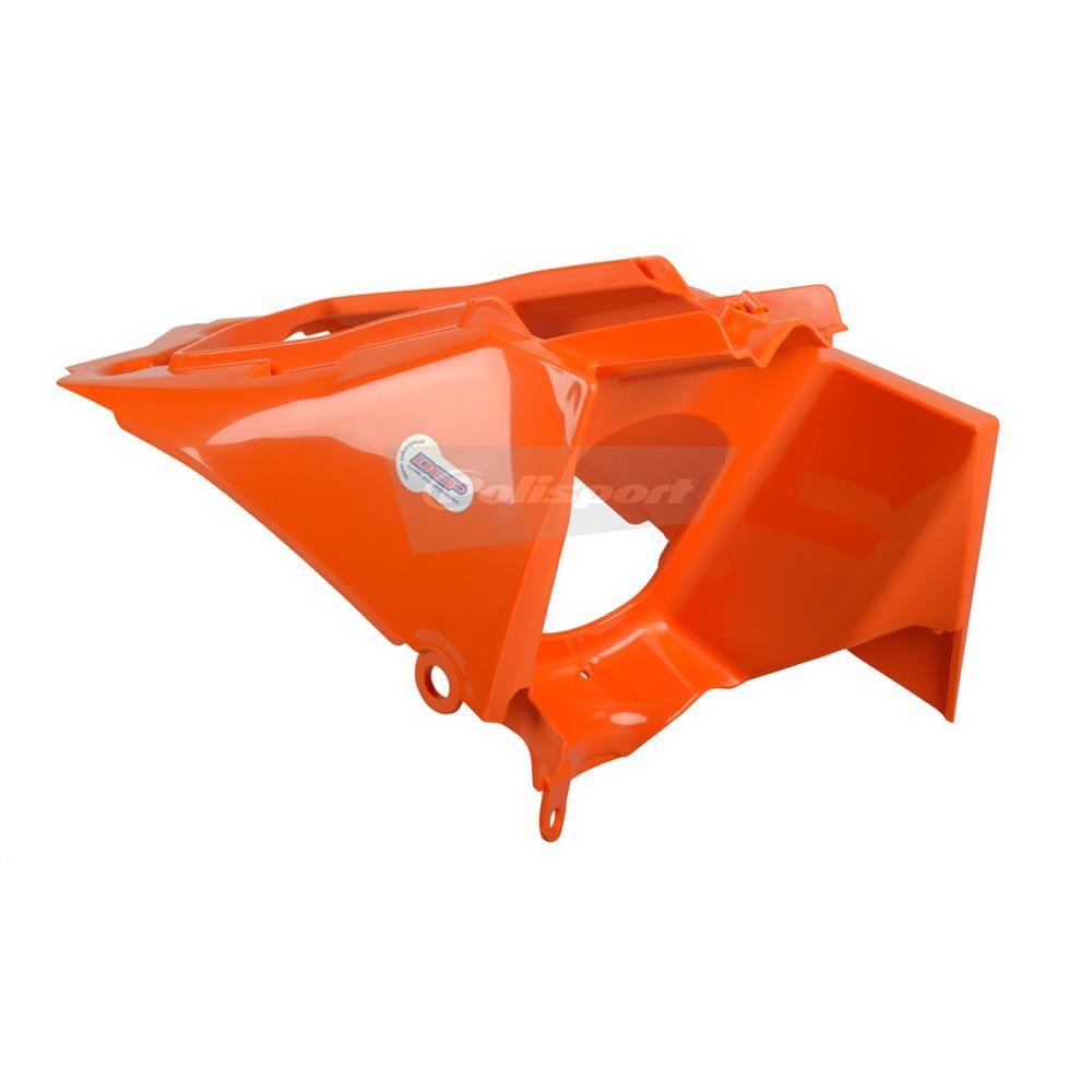 Bright orange plastic air filter box designed for KTM SX65 models from 2009 to 2015, featuring smooth contours and a cut-out for easy installation.