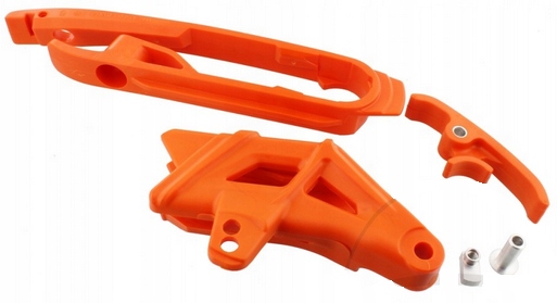 Polisport Chain Guide & Slider Kit in vibrant orange, featuring durable plastic construction with precise cutouts and mounting points, designed for KTM SX 2012-15 and SXF 2011-15 models.