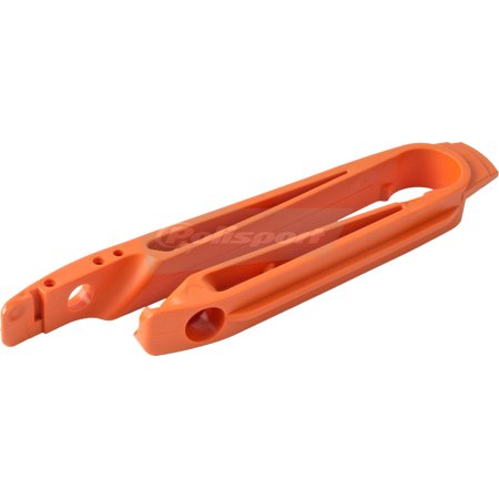 Bright orange Polisport chain slider designed for KTM SX (2007-10) and EXC (2008-11), made from durable plastic with a sleek, streamlined shape and multiple mounting holes.