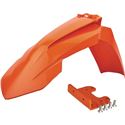 Restyled black front fender by Polisport for KTM, featuring a sleek design and durable plastic material, includes an adapter for easy installation.