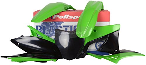 Bright green and black plastic body panels for Kawasaki KXF250 (2009-2012), featuring fenders, side panels, and a front number plate, packaged in a Polisport box.